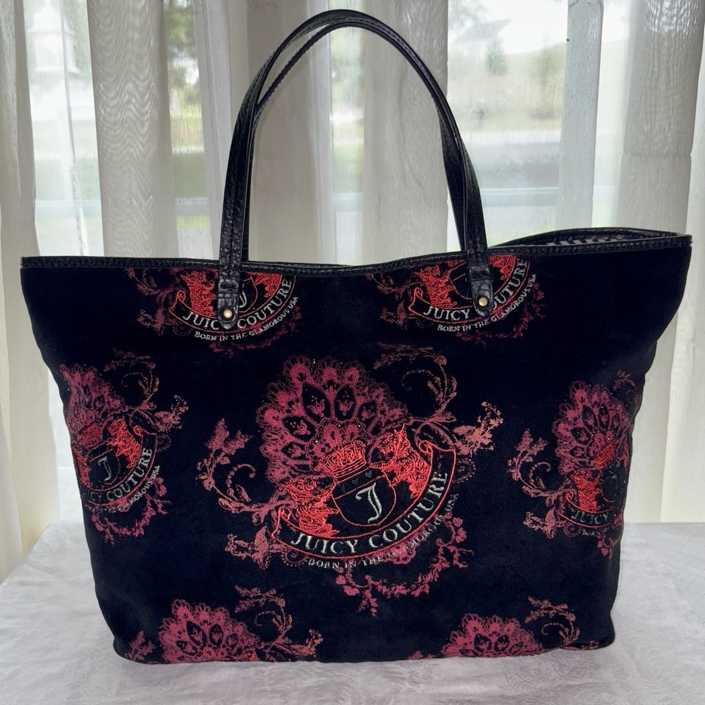 Y2K  *Juicy Couture*  Velour Black & Pink Logo Tote Bag Daydreamer Handbag